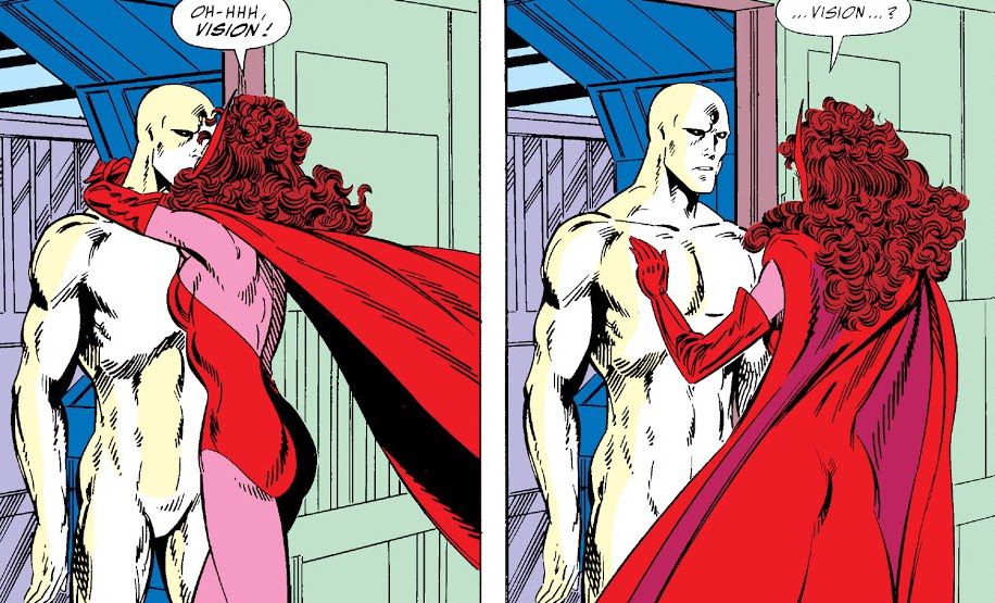 Wanda greets her reborn husband in West Coast Avengers #45