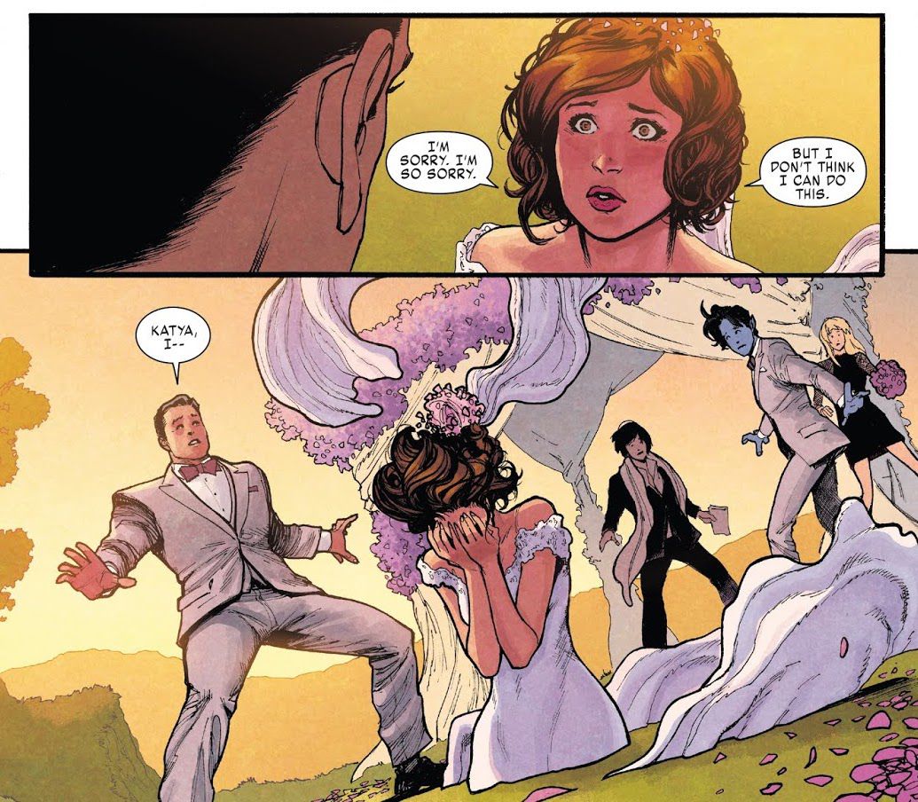 Kitty Pryde phases into the ground to escape her own wedding to Colossus in X-Men: Gold