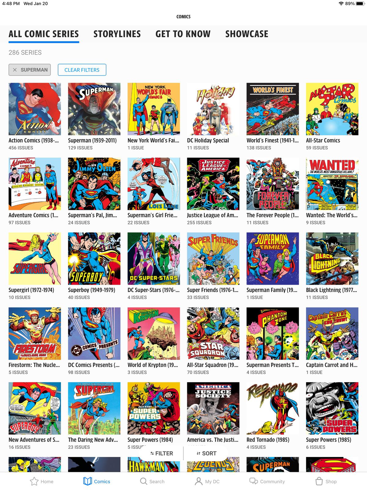 Un elenco di serie di fumetti su DC Universe Infinite, filtrato per 