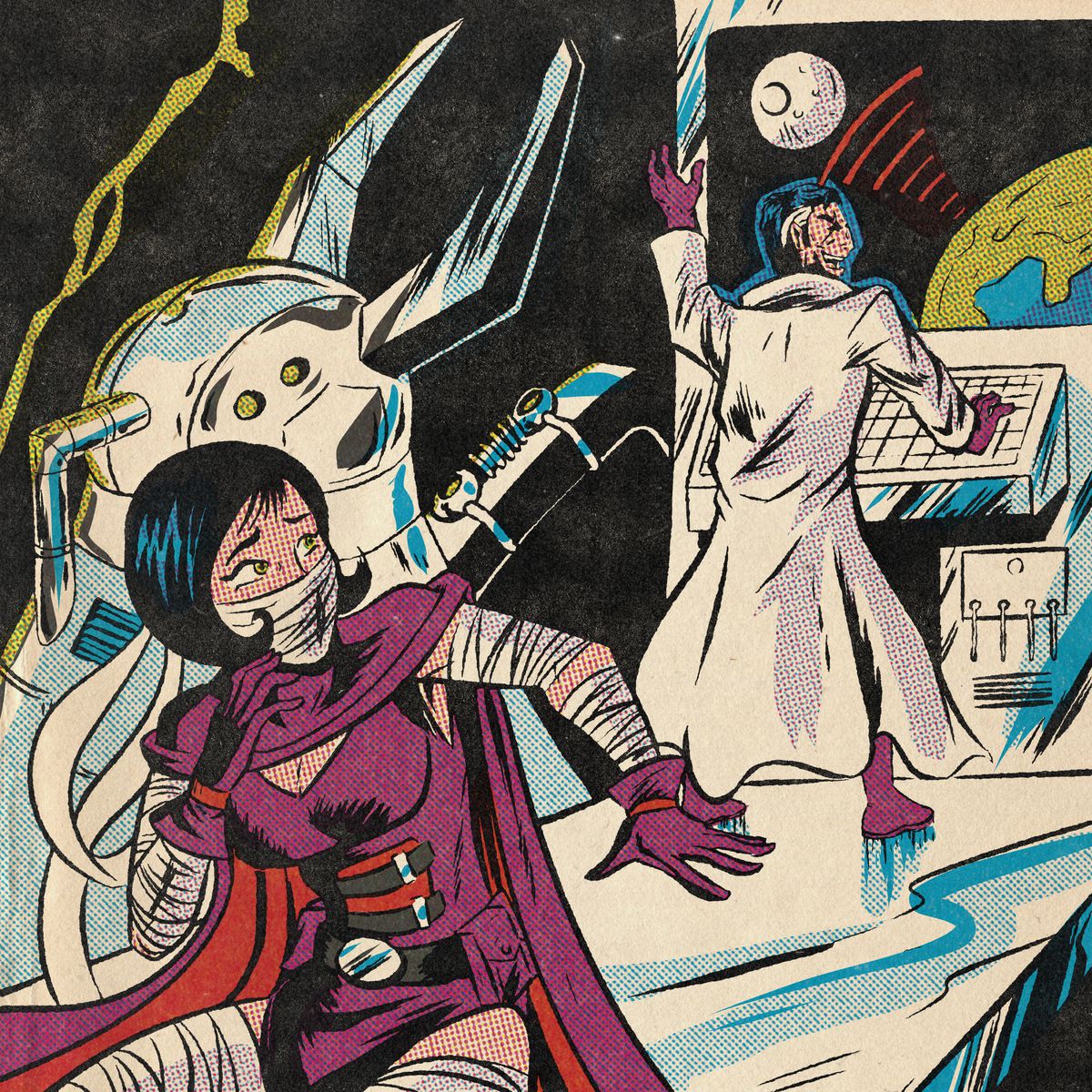 Un supereroe donna ide dietro una macchina bizzarra mentre un cattivo si aggancia alla luna con una super arma.