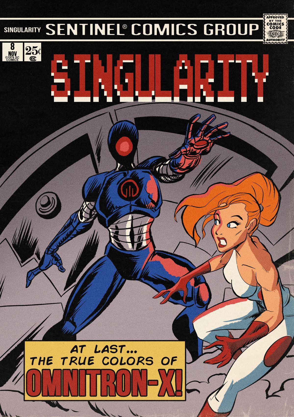 La copertina della serie Sentinel Comics Singularity mostra un robot davanti a una porta del caveau, una donna supereroe in bianco pronta a combatterli.