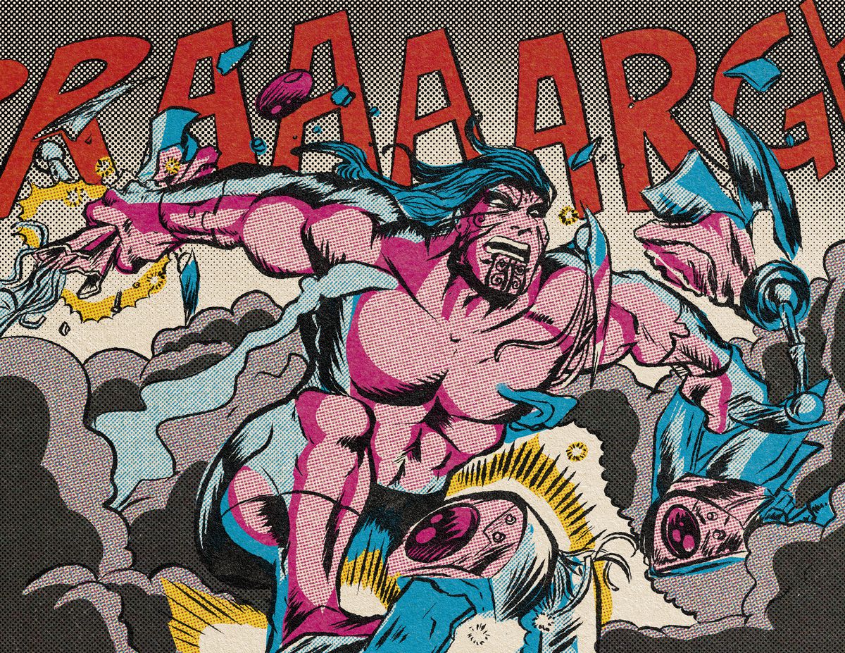 Un altro enorme supereroe, con il corpo di un lottatore professionista, fa a pezzi un robot a mani nude.