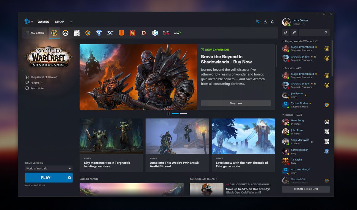 Battle.net: una panoramica del launcher di Activision-Blizzard, con la scheda World of Warcraft piena di notizie e aggiornamenti su Shadowlands.