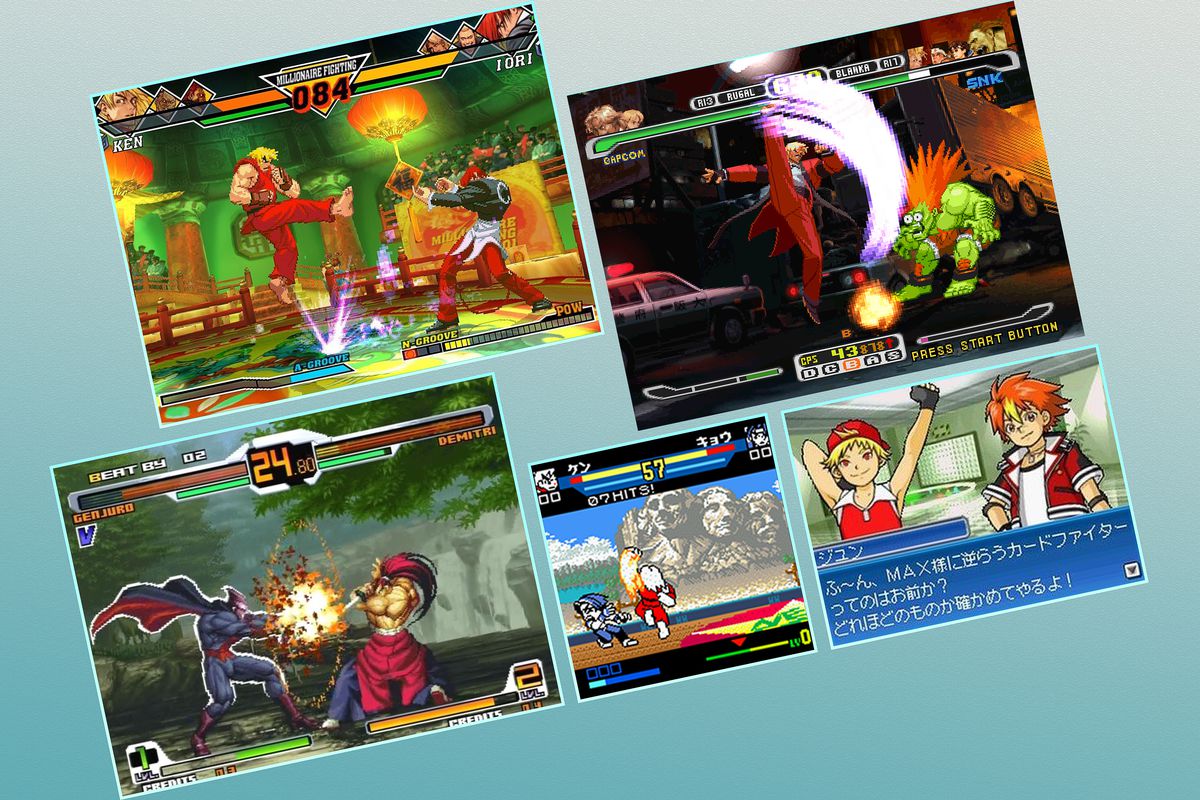 Five screenshots show a variety of SNK and Capcom crossover games