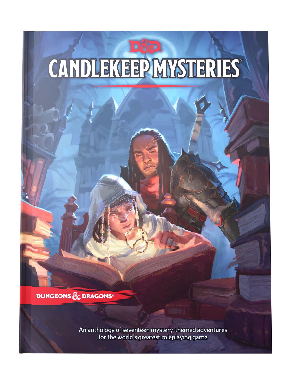 Gli avventurieri scrutano un libro con una lente d'ingrandimento nel profondo dei confini oscuri di Candlekeep, a Baldur's Gate.