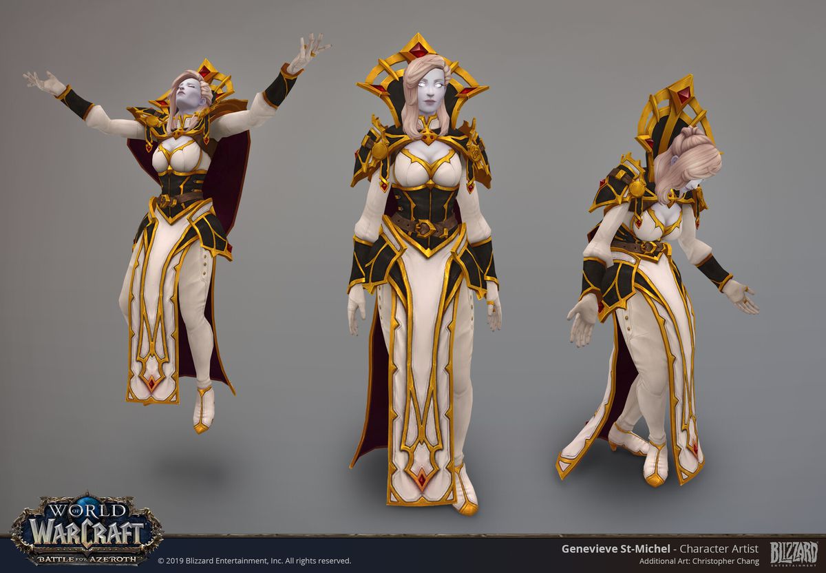 World of Warcraft - Il nuovo modello di Calia Menethil viene visualizzato in tre forme.  È pallida, con occhi luminosi e capelli biondo-bianchi, indossa un elaborato abito bianco e oro con accenti neri.