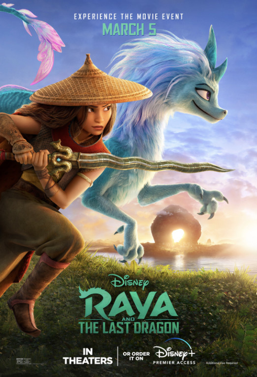 un poster per raya e l'ultimo drago, che rivela il guerriero raya e sisu il drago blu 