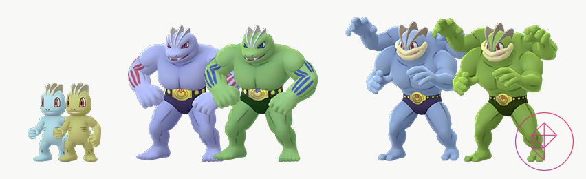 Shiny Machop, Machoke e Machamp con le loro versioni normali.  Le versioni Shiny sono tutte colorate di verde, anziché di blu.