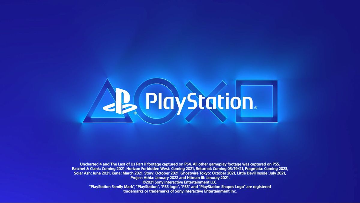 Uno screenshot del logo PlayStation e delle date di rilascio dei giochi PS5 dal video di presentazione del CES 2021 di Sony