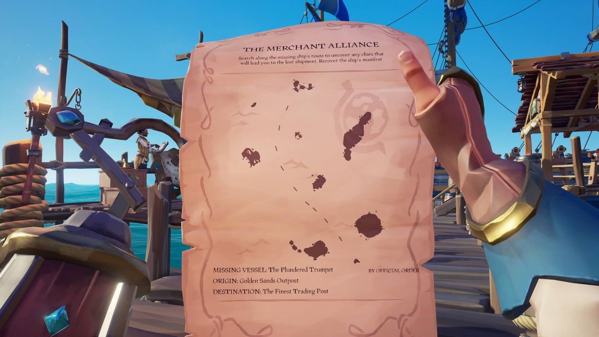 Sea of ​​Thieves: un giocatore indaga su una mappa della Merchant Alliance, che mostra la posizione di un tesoro perduto.