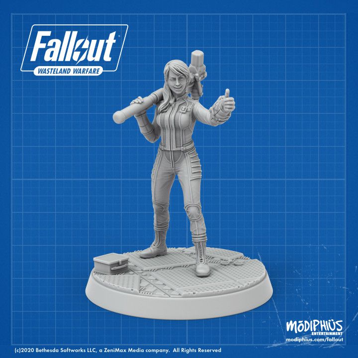 A render of a Vault Girl model, wearing the iconic vault jumpsuit and giving the thumbs-up sign.
