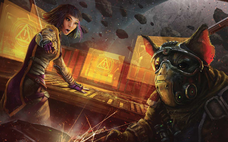 A ratlike humanoid in a breathing mask manages the weapons systems in a starship while a woman with purple hair barks orders.