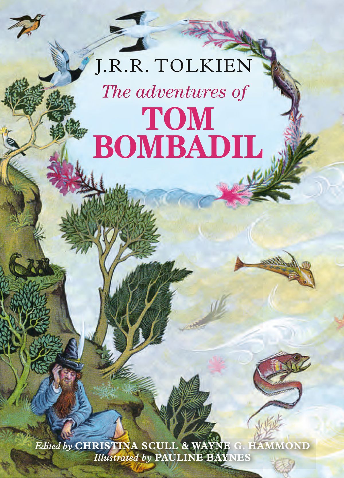 Tom Bombadil siede vicino a un fiume sulla copertina di Le avventure di Tom Bombadil.