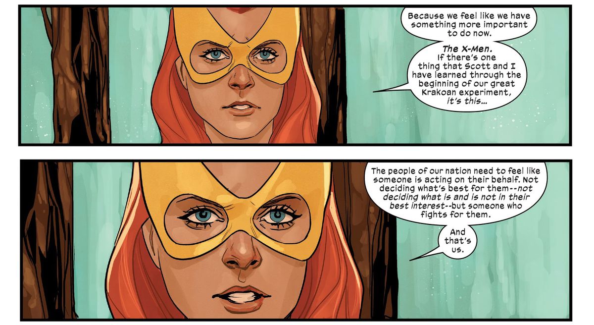 Jean Gray rifiuta una reinvitazione al Quiet Council di Krakoa a favore del riavvio degli X-Men, dicendo: 