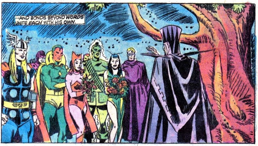 A panel from Giant-Size Avengers #4, showing Vision and Scarlet Witch’s original 1975 double wedding
