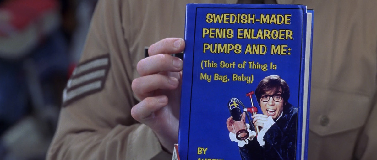 Primo piano del libro Pompe per l'ingrandimento del pene di fabbricazione svedese e io di Austin Powers