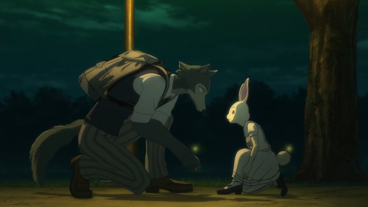 A anthropomorphic gray wolf leans down to help a small anthropomorphic white rabbit