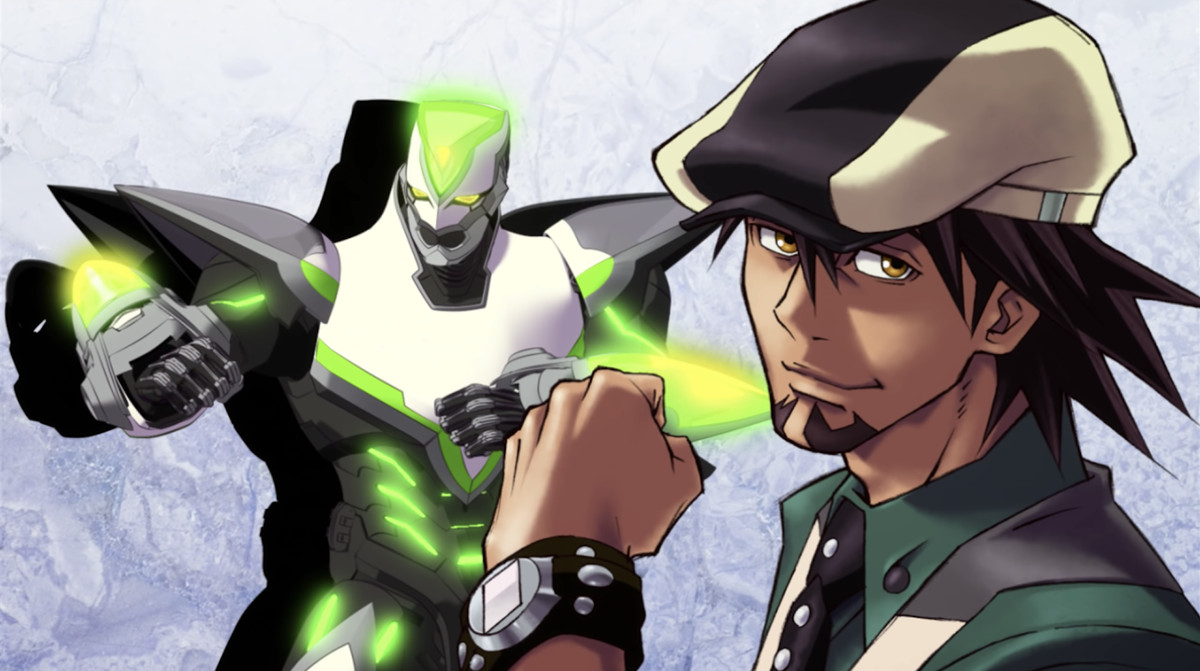 Kotetsu poses with his fist up, with his superhero alter ego Wild Tiger standing in the back