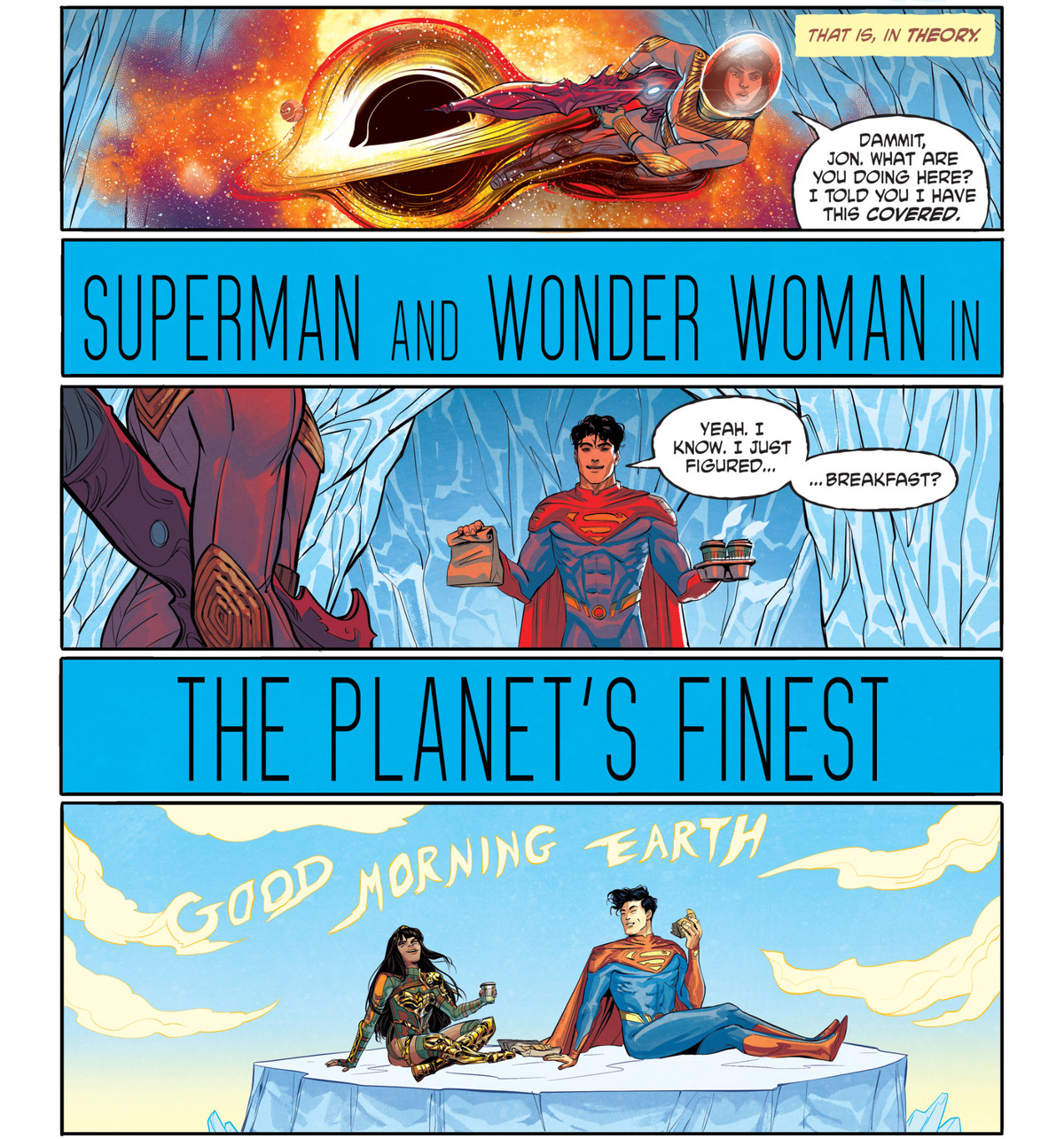 Superman e Wonder Woman condividono la colazione su un ghiacciaio in Future State: Superman / Wonder Woman # 2, DC Comics (2021). 