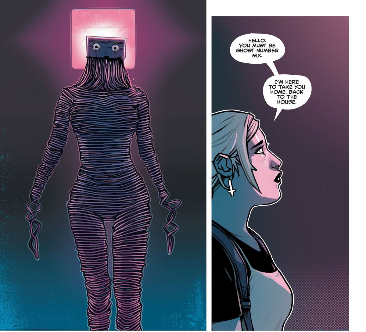 Ami si avvicina a un fantasma i cui occhi sono le ruote di una cassetta VHS e il suo corpo femminile formato da un nastro VHS non arrotolato, in Home Sick Pilots # 3, Image Comics (2021). 