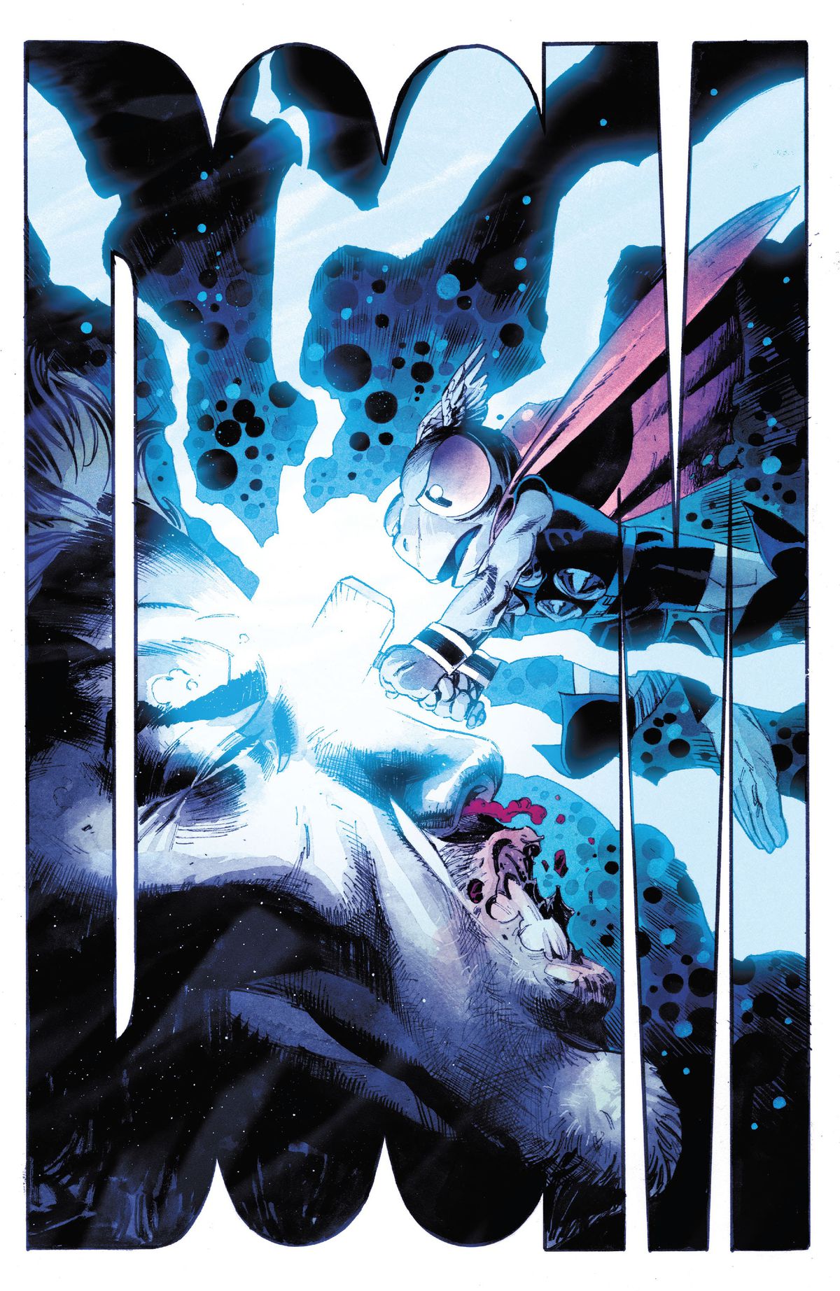 Frog Thor sbatte il suo martello, Frogjolnir, sulla faccia insanguinata di Donald Blake con un gigantesco DOOM che occupa l'intera pagina di Thor # 12, Marvel Comics (2021). 