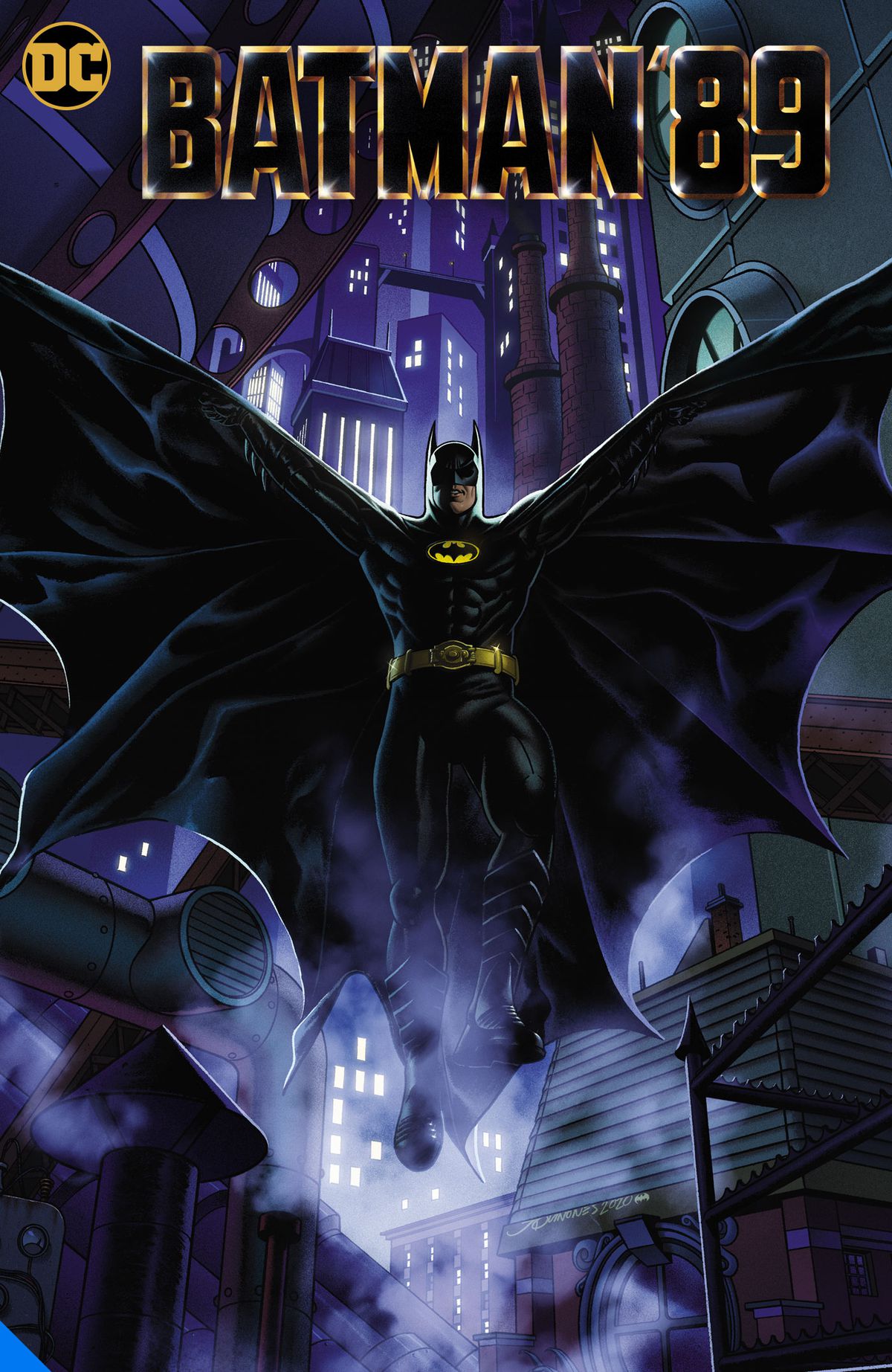Batman 89 comics cover del Batman di Keaton in picchiata davanti ai grattacieli di DC Comics