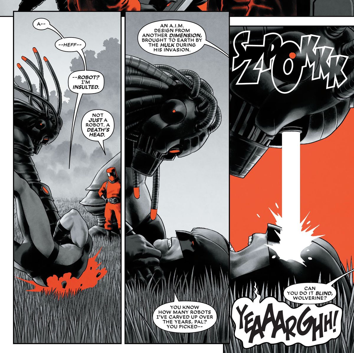 Un robot trattiene Wolverine e gli colpisce la faccia con i suoi laser oculari con un sonoro SZPOKKK in Wolverine: Black, White & Blood # 3, Marvel Comics (2021). 