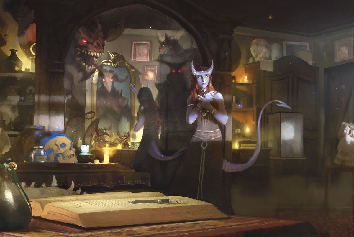 Un personaggio giocante si trova in una stanza piena di curiosi magici, uno spirito che li ossessiona allo specchio.