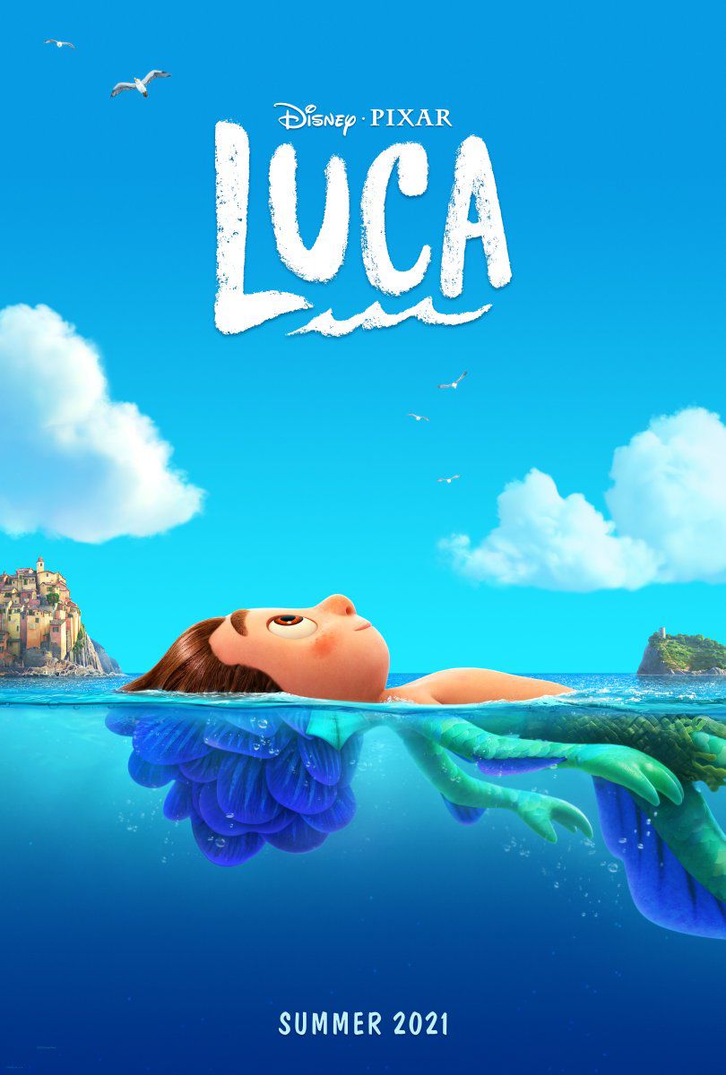 Luca poster con un ragazzo sdraiato nell'oceano e la sua schiena si trasforma in un mostro marino