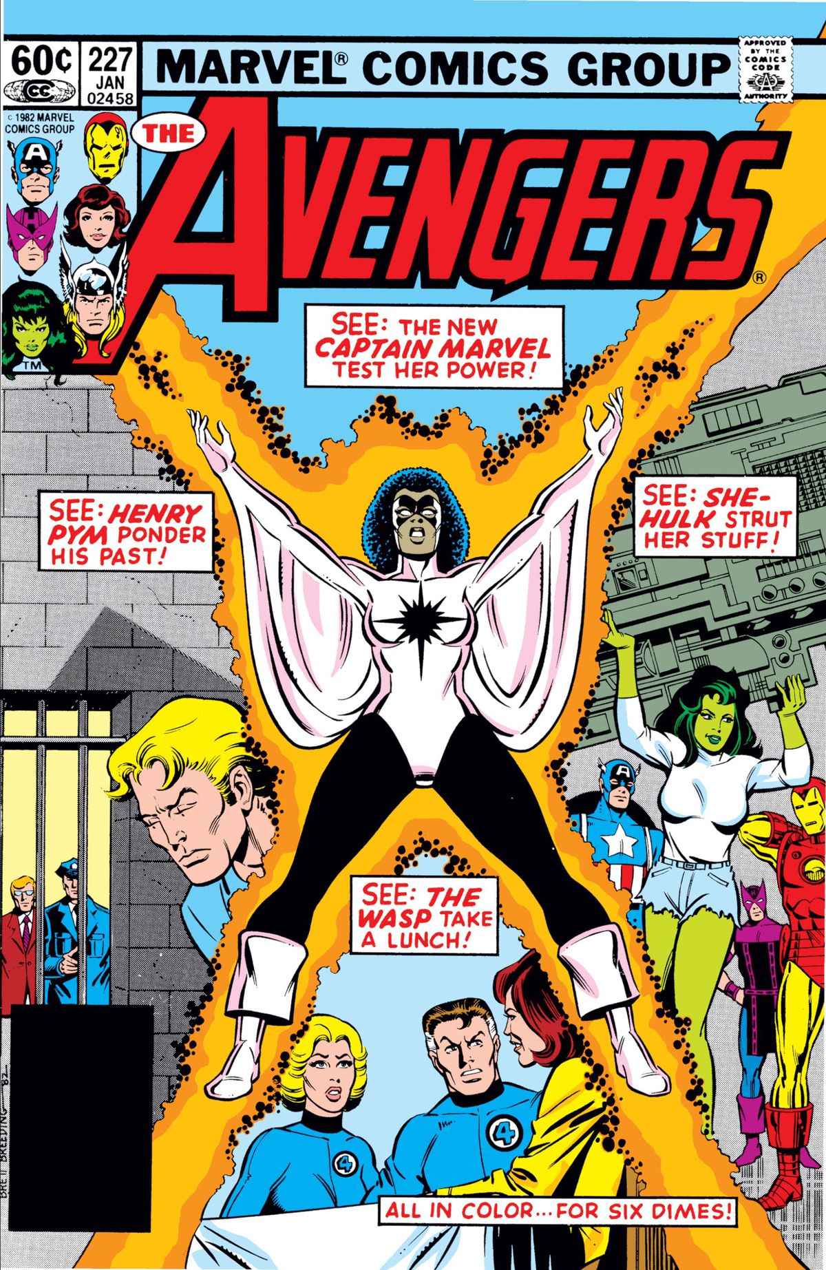 Monica Rambeau nei panni di Captain Marvel e gli Avengers sulla copertina di Avengers # 27, Marvel Comics (1983). 