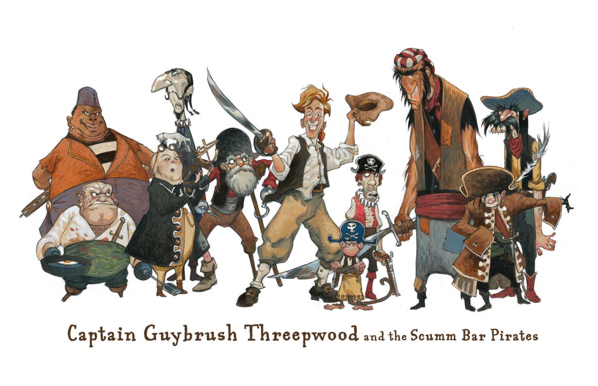 An illustration shows Monkey Island hero Guybrush Threepwood standing with a group of pirates