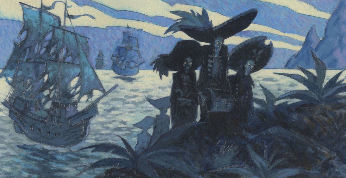 An illustration shows pirates approaching the cove of an island