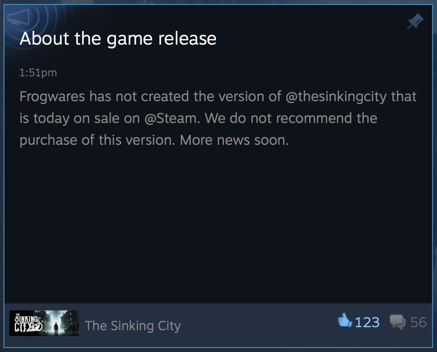 uno screenshot di un post Steam di Frogwares che dice alle persone di non acquistare il gioco.