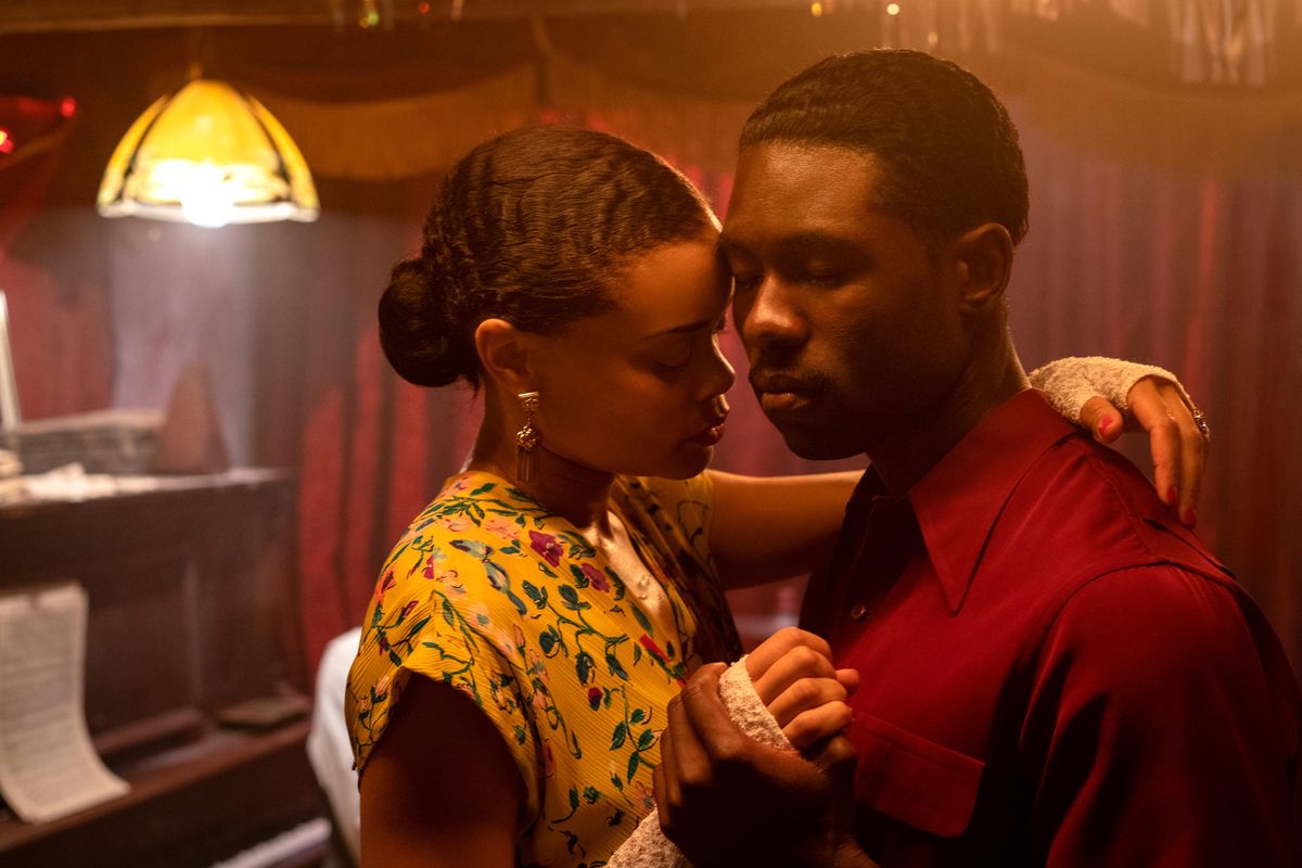 Andra Day and Trevante Rhodes slow-dance with their heads together in The United States vs. Billie Holiday