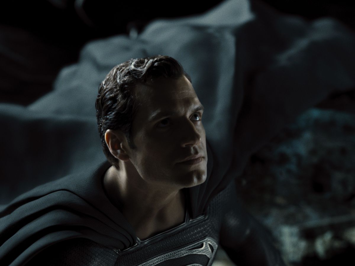 A close-up of Henry Cavill’s grim face as Superman in Zack Snyder’s Justice League