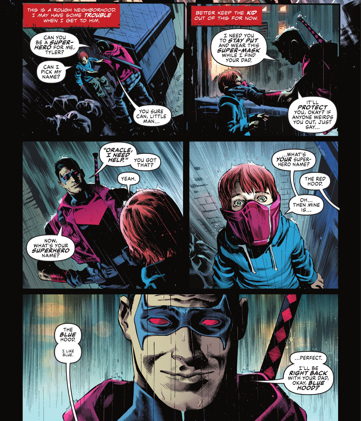 Cappuccio Rosso dà a un bambino la sua maschera per farlo sentire al sicuro mentre lo lava da solo in un vicolo e gli chiede qual è il suo nome da supereroe, in Batman: Urban Legends # 1, DC Comics (2021). 