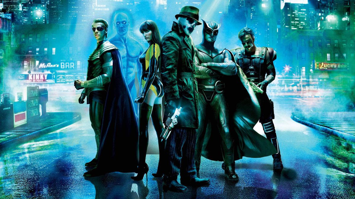 The cast of Watchmen stands on the street together in a promo image for Zack Snyder’s Watchmen