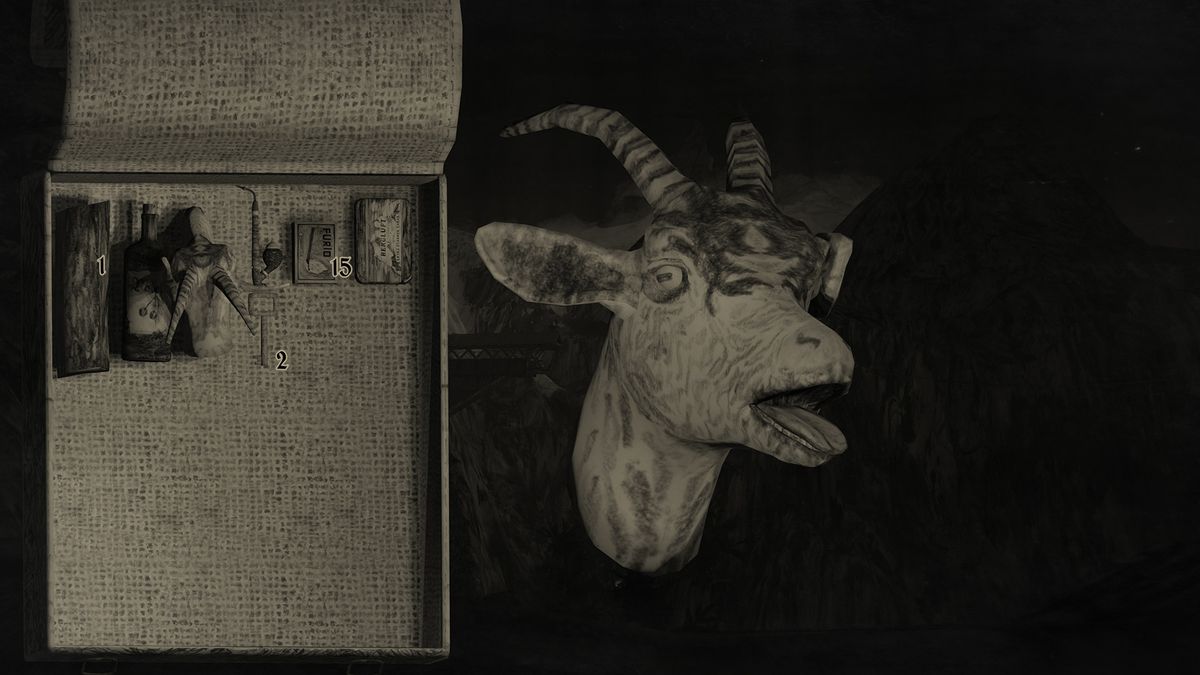 Mundaun: un giocatore esamina il proprio inventario, prestando particolare attenzione alla testa di una capra mozzata, con gli occhi ancora aperti.