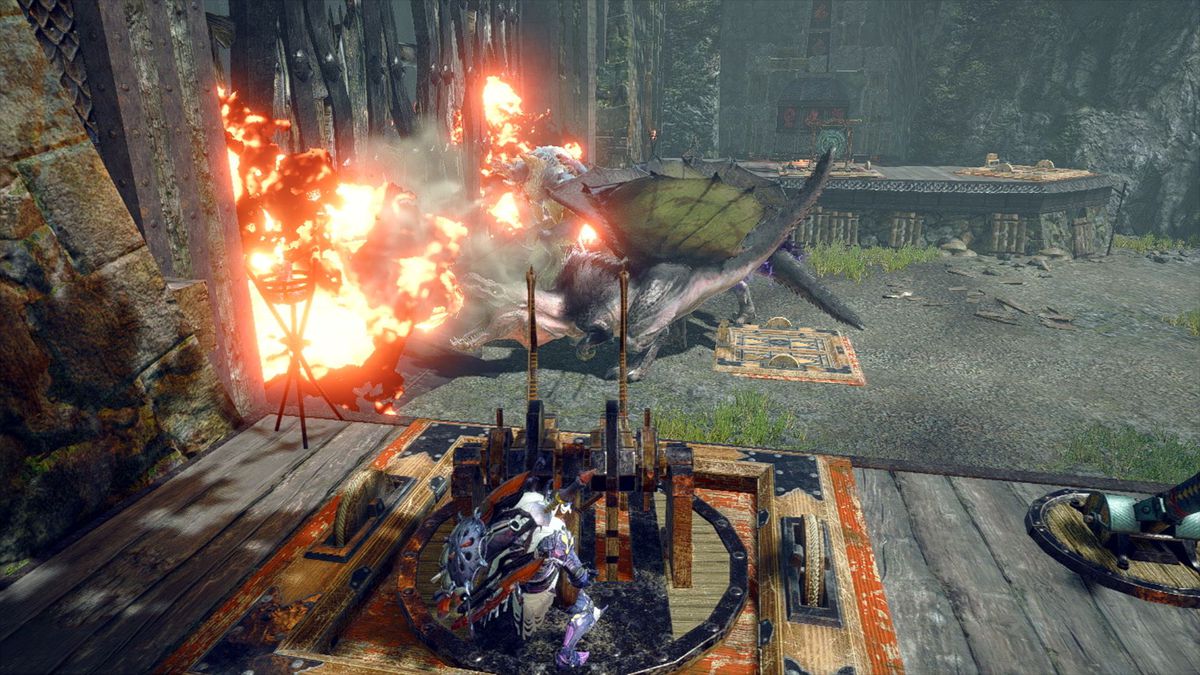 Un cacciatore utilizza un'instillazione della torretta in Monster Hunter Rise