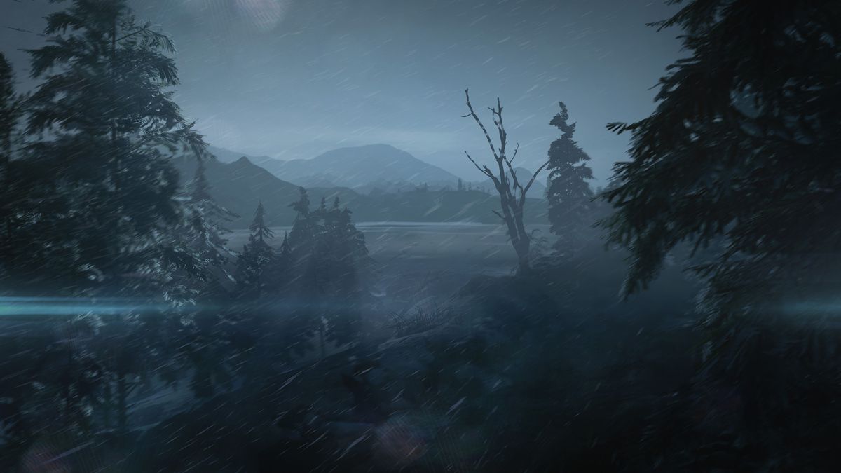 snow falling at night in a forested area in the mountains in Hitman 3’s Carpathian Mountains level