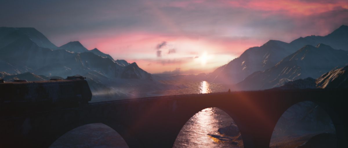 the ending of Hitman 3: the sun rises over a river in the Carpathian Mountains as Agent 47 walks away from a train stopped on an arched bridge