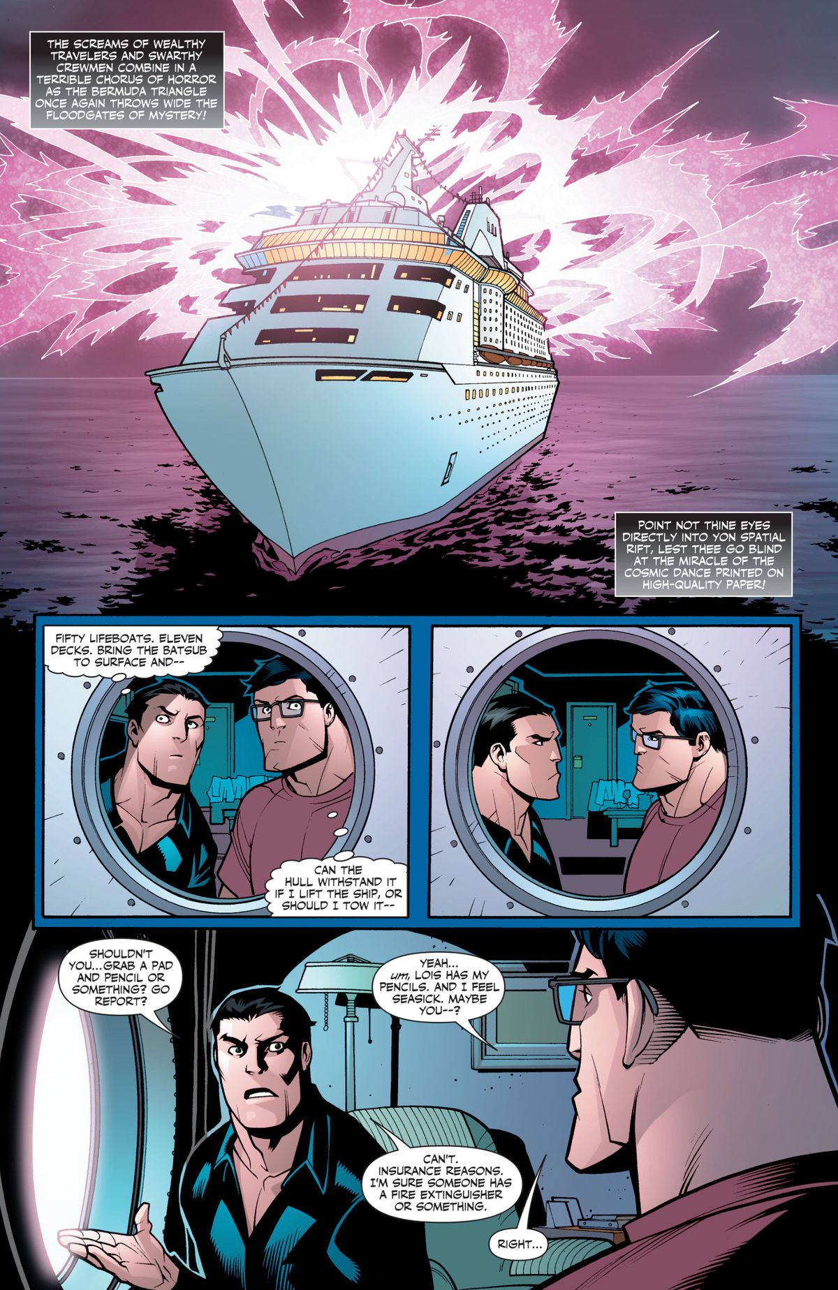 Il disastro colpisce una nave da crociera, mentre Bruce Wayne e Clark Kent pianificano internamente come salvare la situazione, e poi ognuno cerca di insistere sull'altro per lasciare la stanza, in modo che possano preservare le loro identità segrete, in Superman / Batman Annual # 1, DC Fumetti (2006).