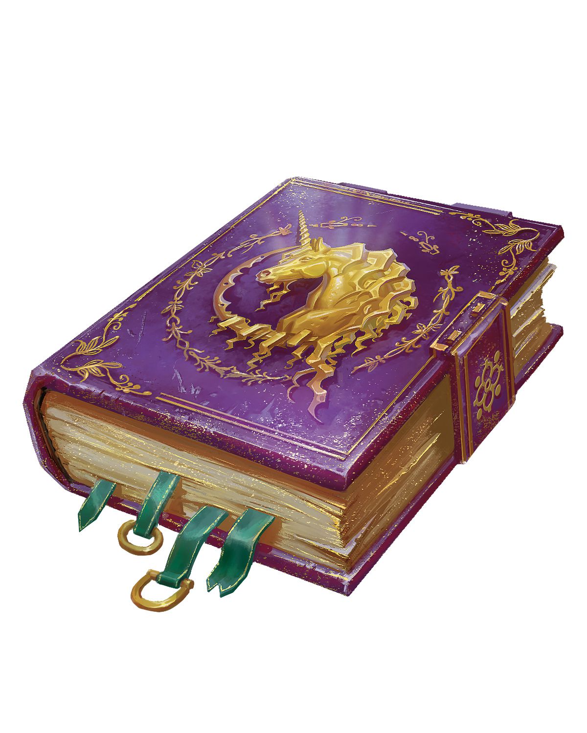 Un libro viola impreziosito dal profilo di un unicorno dorato.