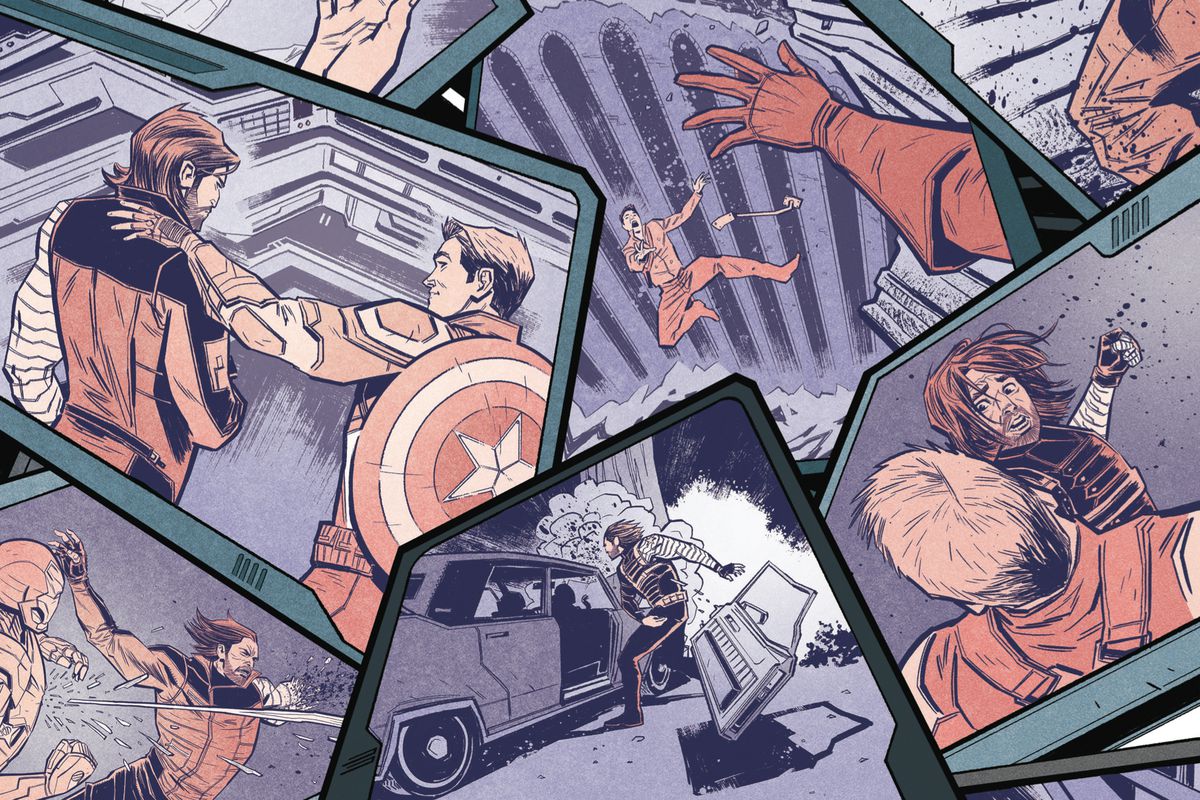 Una diffusione a tutta pagina dei ricordi traumatici di Bucky Barnes, con Shuri di Wakanda, in Marvel's Avengers: Infinity War Prelude # 1, Marvel Comics, 2018.