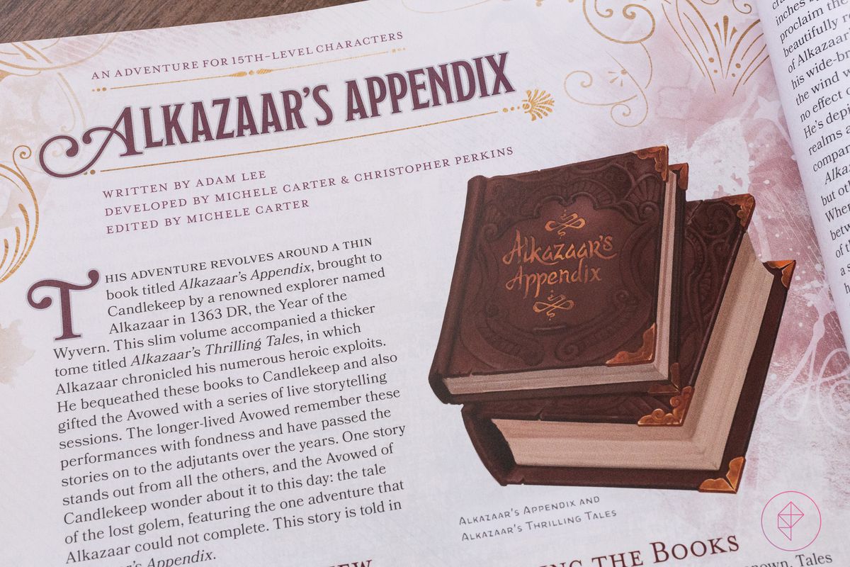 Uno sguardo a uno dei capitoli, intitolato Appendice di Alkazaar.  Una foto del libro in questione accompagna il testo.