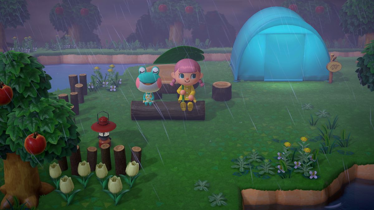 una giovane ragazza dai capelli rosa e una rana sorridente si godono la pioggia vicino a una tenda in Animal Crossing: New Horizons