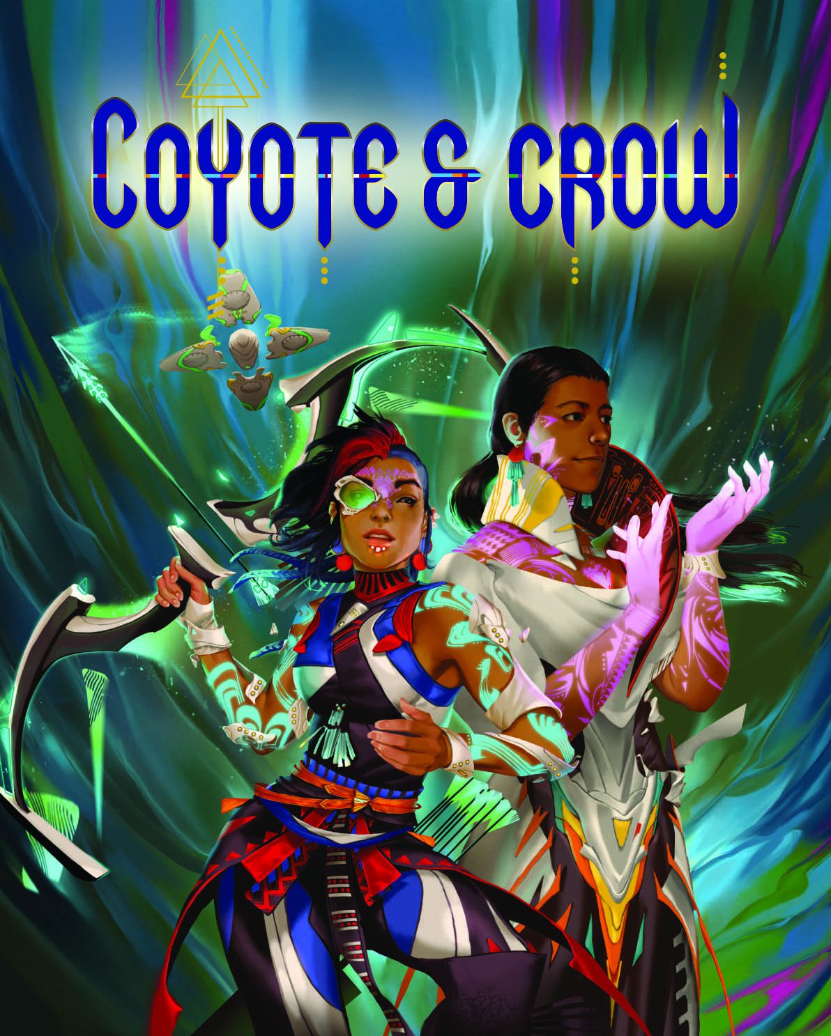 Cover art per Coyote & Crow che mostra discendenti di nativi americani precolombiani vestiti con armature colorate.