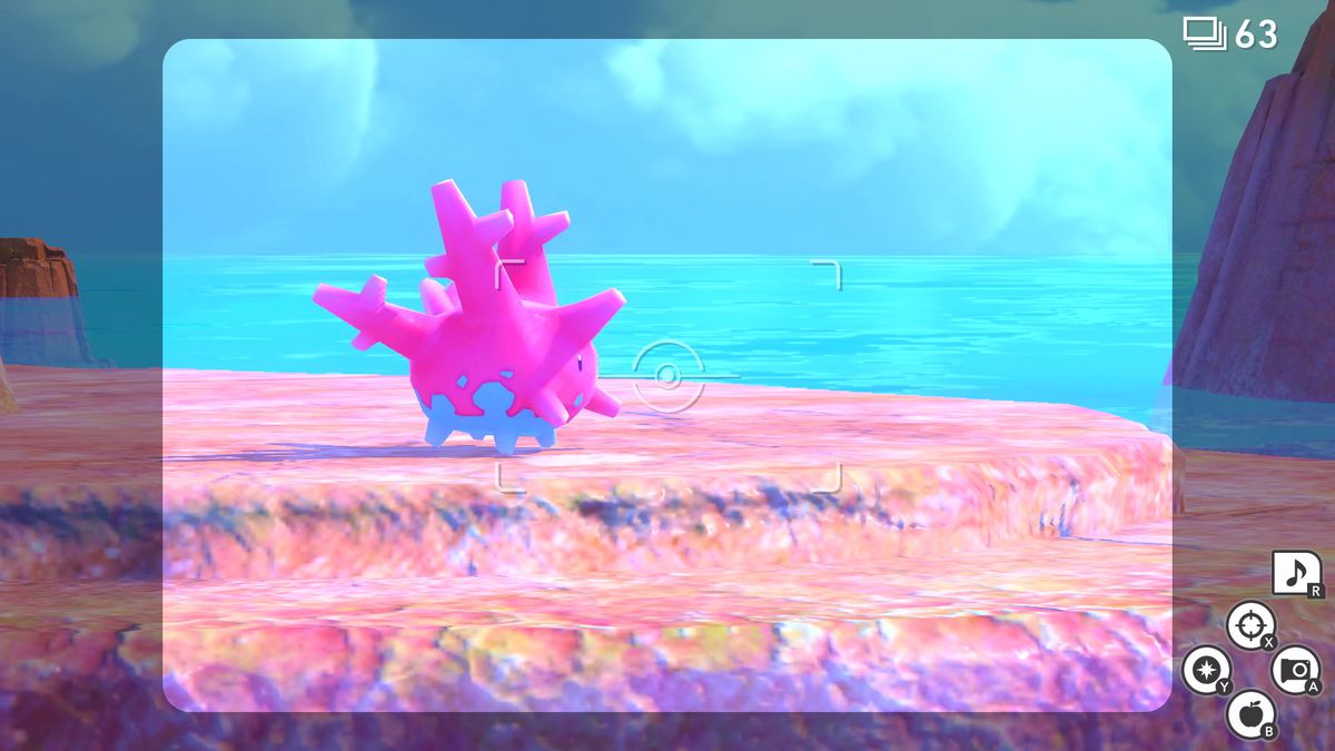 Un Corsola si rilassa su una roccia in uno screenshot di New Pokemon Snap