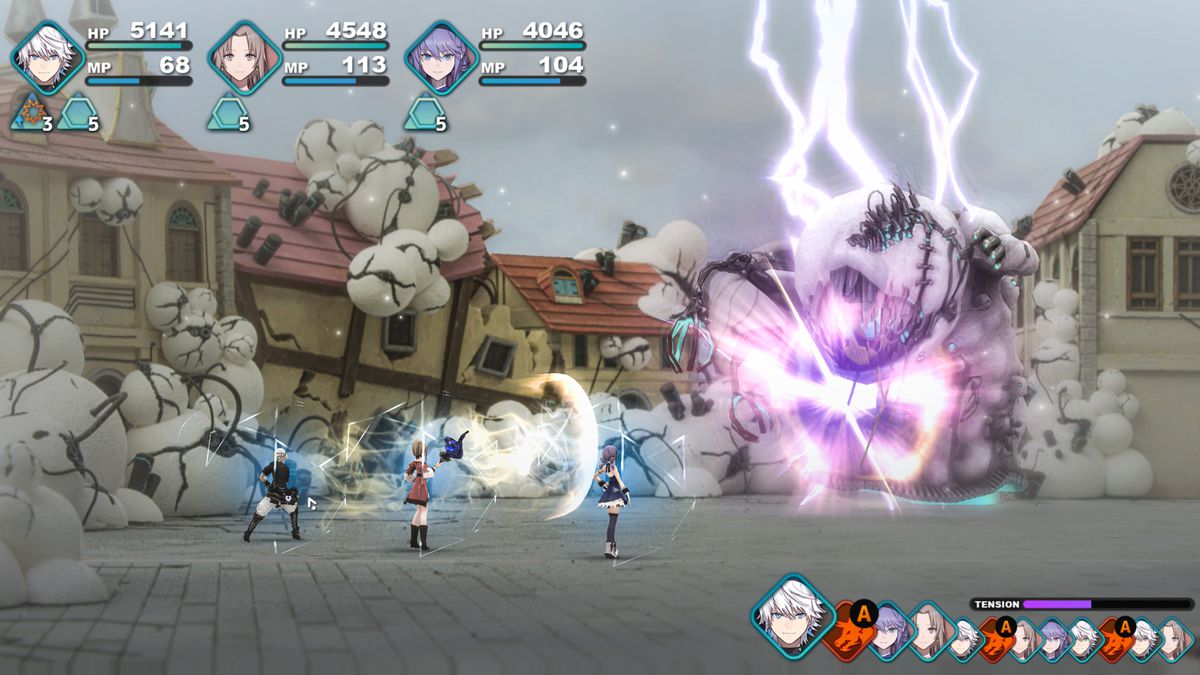 I giocatori combattono un mostro gigante in uno screenshot di Fantasian