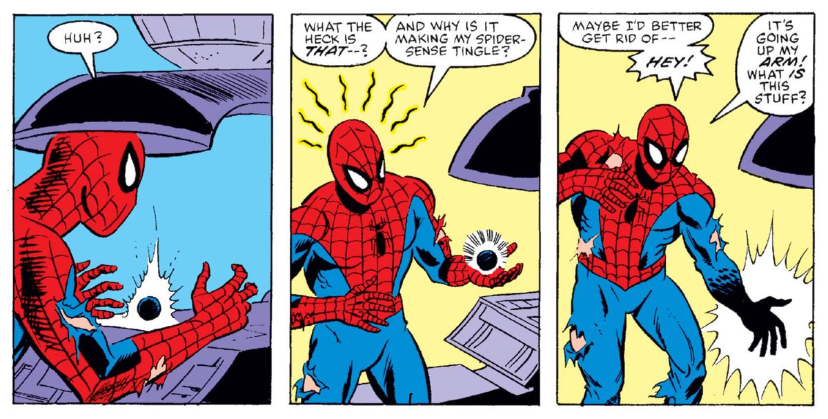 Spider-Man e il simbionte in Secret Wars # 8, Marvel Comics (1984).